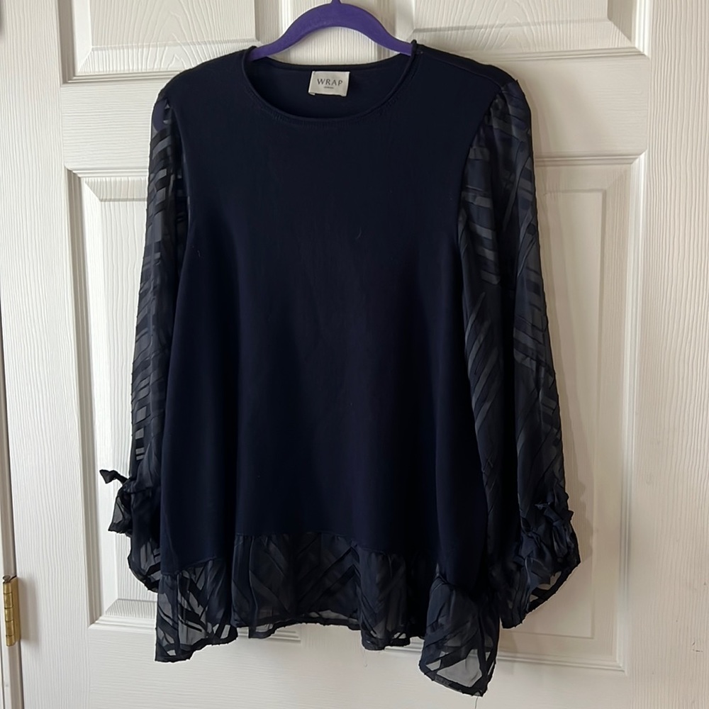 Wrap London Navy Wool Top with Sheer Silk Blend Sleeves‎ and Ruffle Hem, Sz 10
